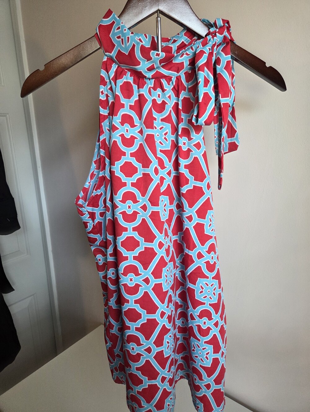 Women's Red & Light Blue Geometric Halter Top Blouse